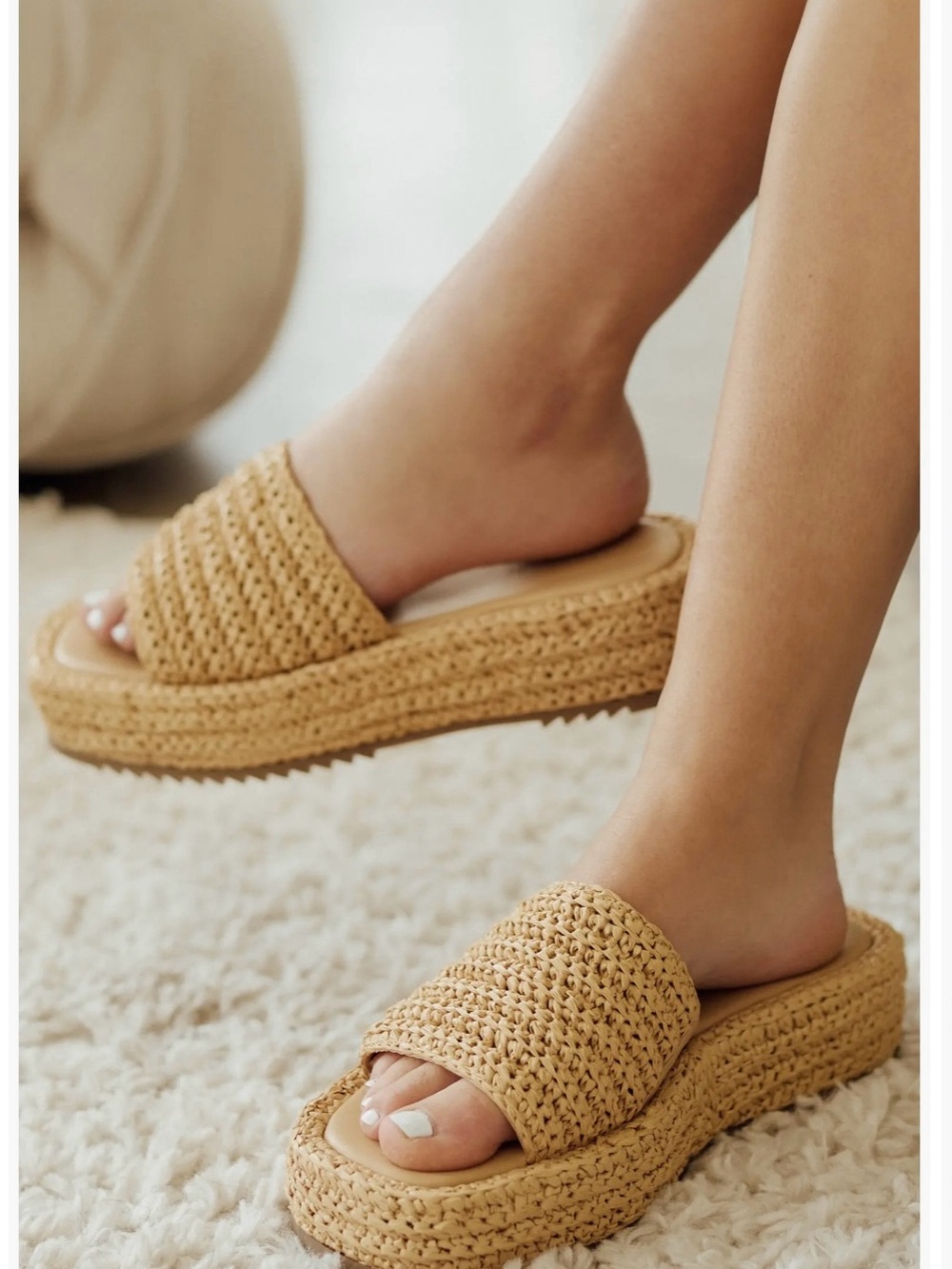 Open Edit Woven Platform Slide Sandals in Tan